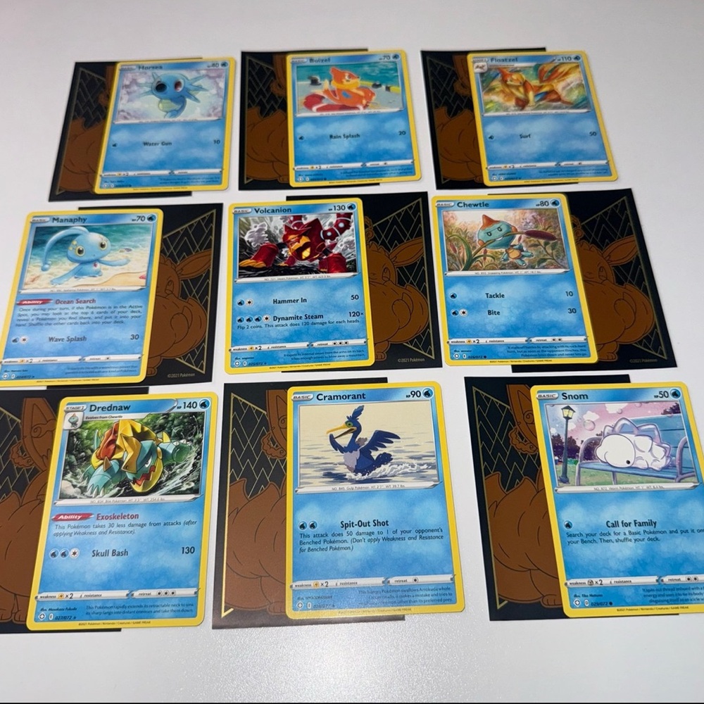 Set Of 9 Pokémon Cards 2021 Water Type Lot Rare Shining Fates Eevee Sleeves TCG